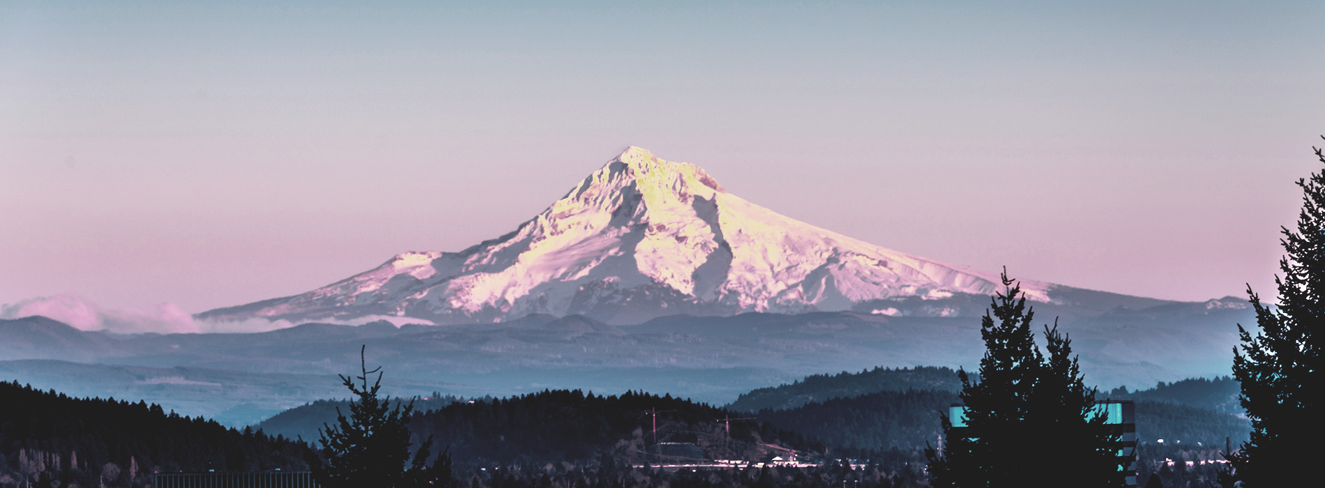 An image depicting a majestic mountain peak, possibly Mount Rainier or Mount St. Helens, set against a pinkish-purple sky during either sunrise or sunset, with a forested area and a clear, starless night visible in the foreground.